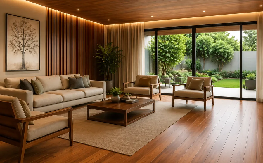 Ambiente interno com piso de madeira